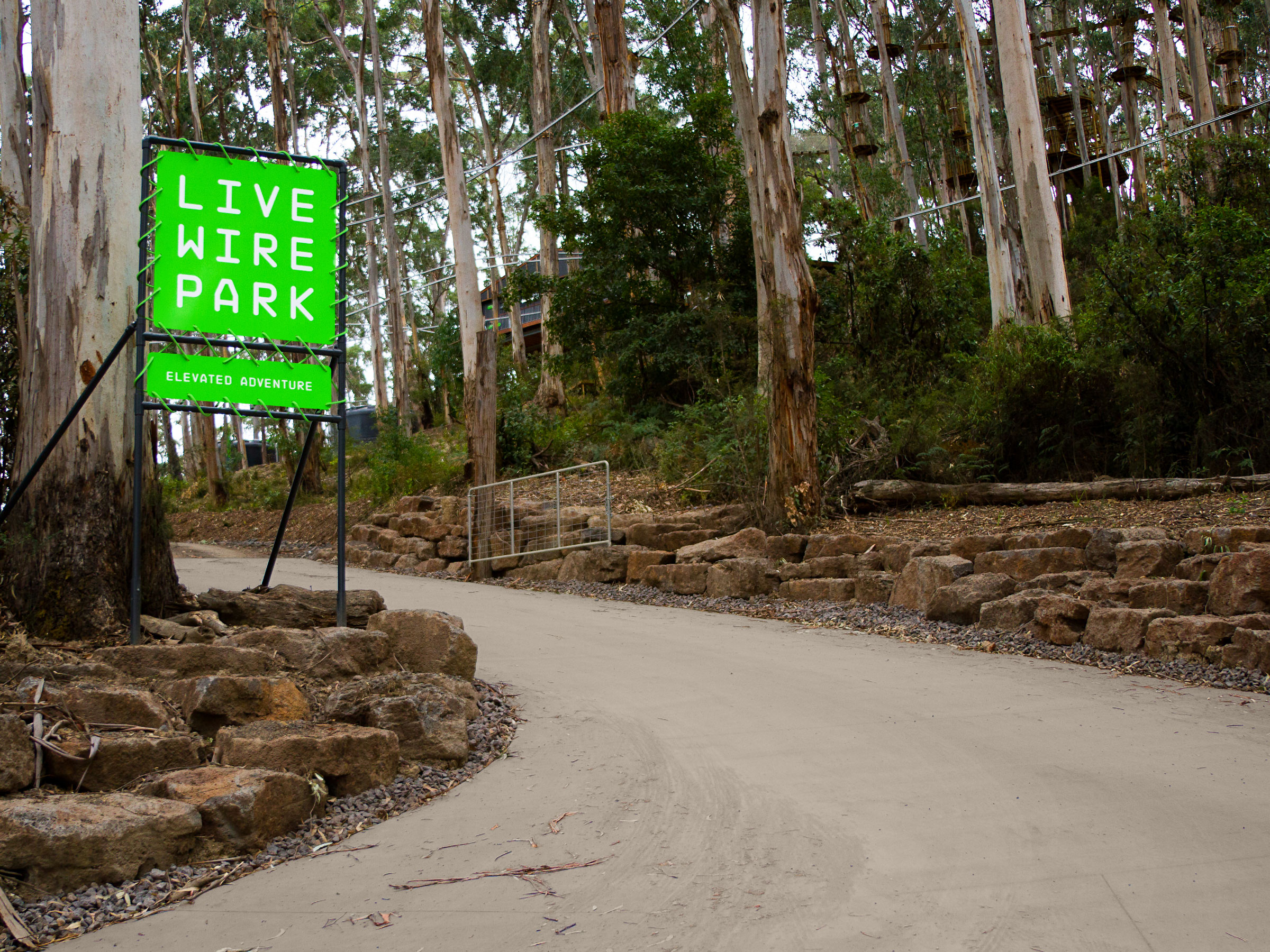 Self-titled Live Wire Park Brand Identity Signage Entrance